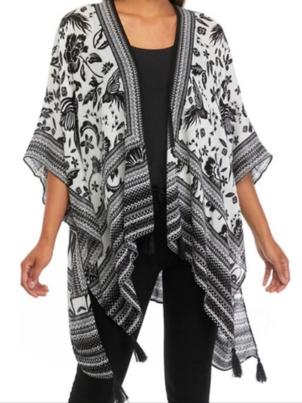 Vince Camuto Black and White Floral Bird Cape Wrap Shawl Kimono w/Tassels O/S